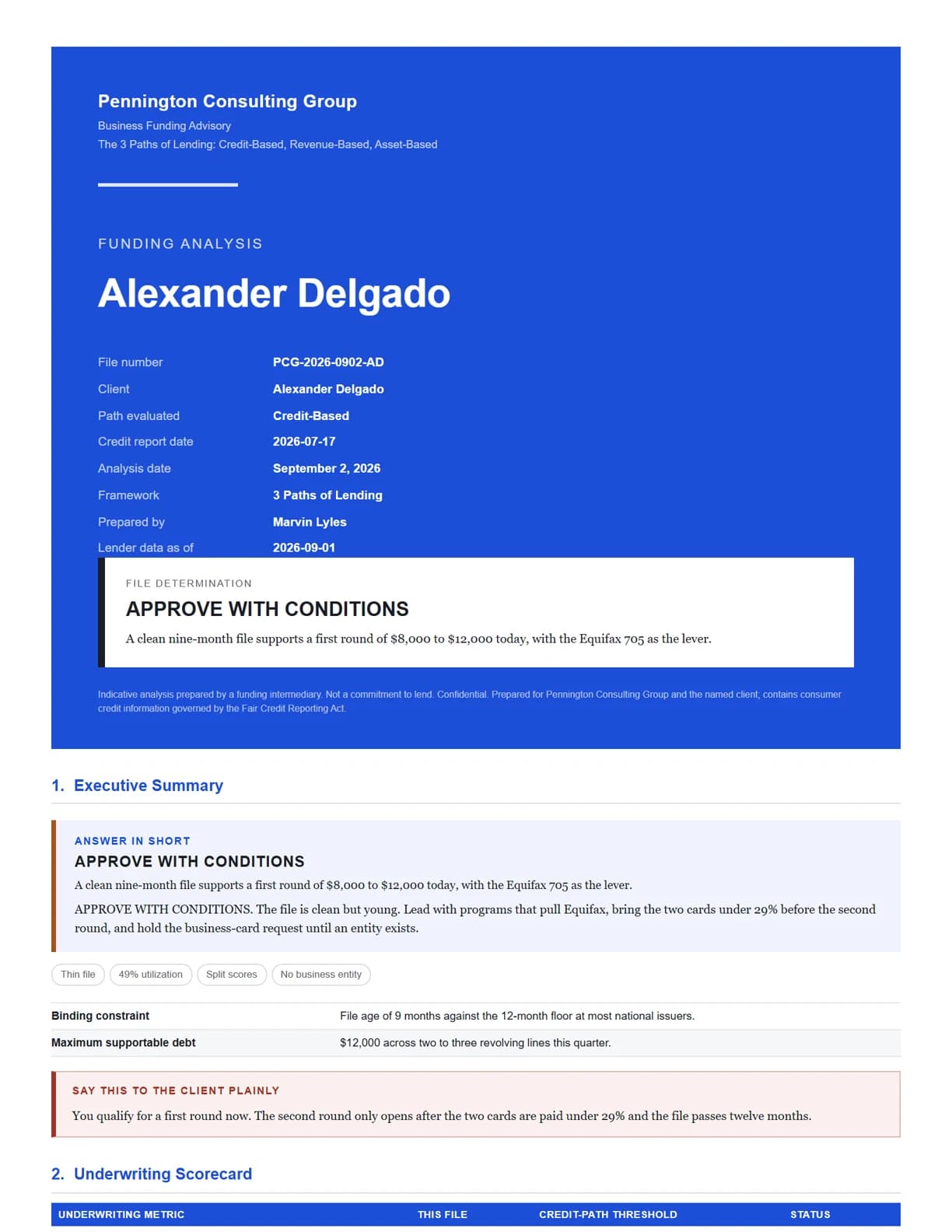 Sample Funding Analysis cover on the broker's letterhead